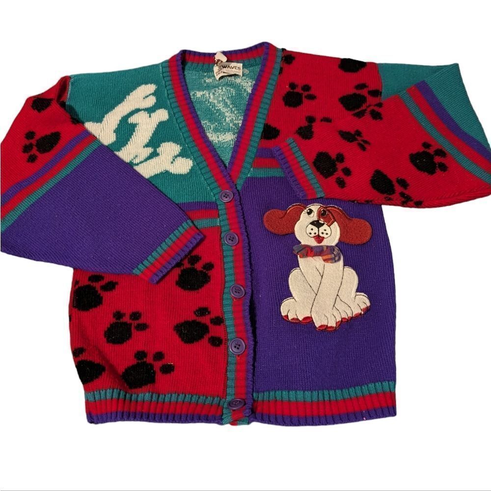 Kids vintage embroidered dog knit cardigan sweater